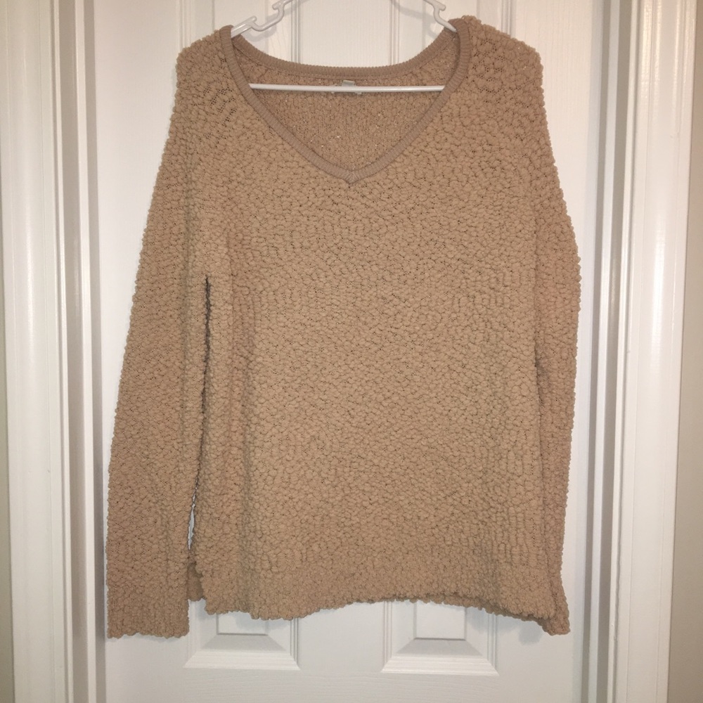 Light Brown V-Neck Fleece Like Sweater